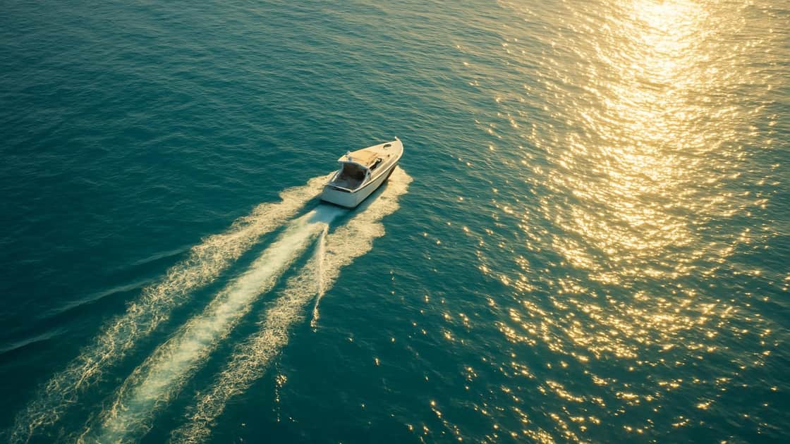 Aerial drone view of a white cabin boat crossing turquoise sea beside a wide field of golden sun glitter, twin white wake lines behind it