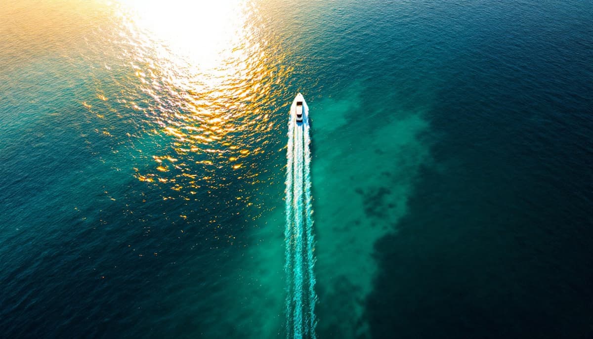 Aerial drone view of a white boat crossing bright turquoise sea toward a band of golden sun glitter, a long white wake behind it