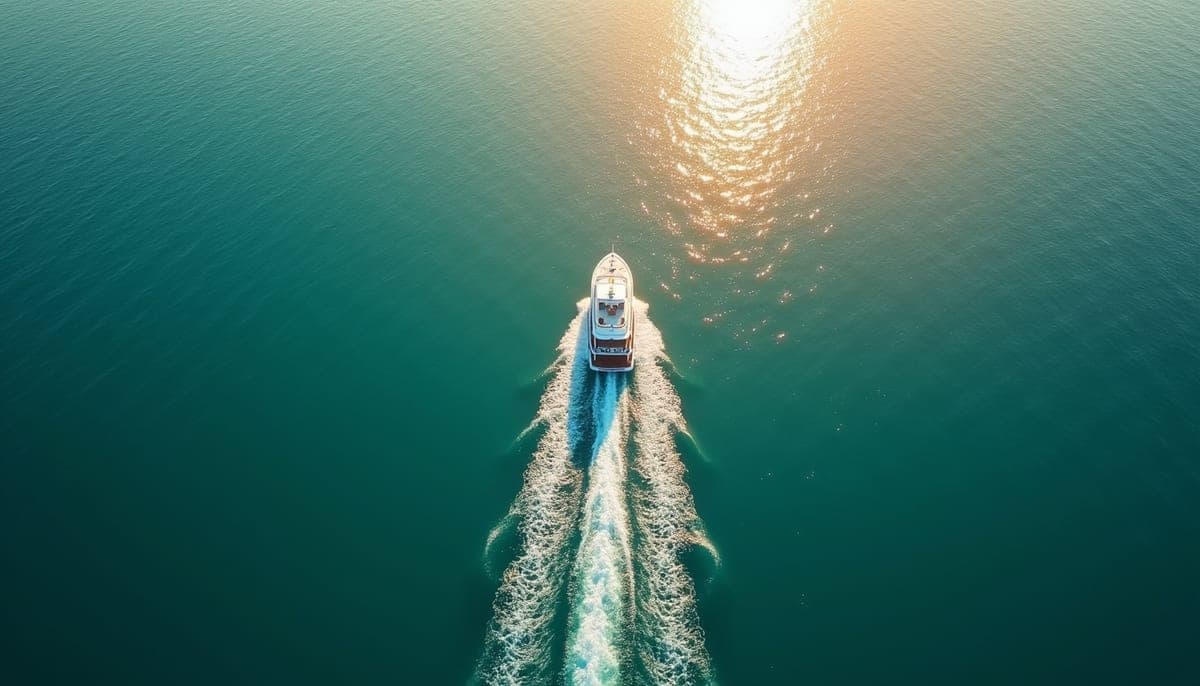 Aerial drone view of a white boat crossing turquoise sea under a bright sun path, a long white wake spreading behind it
