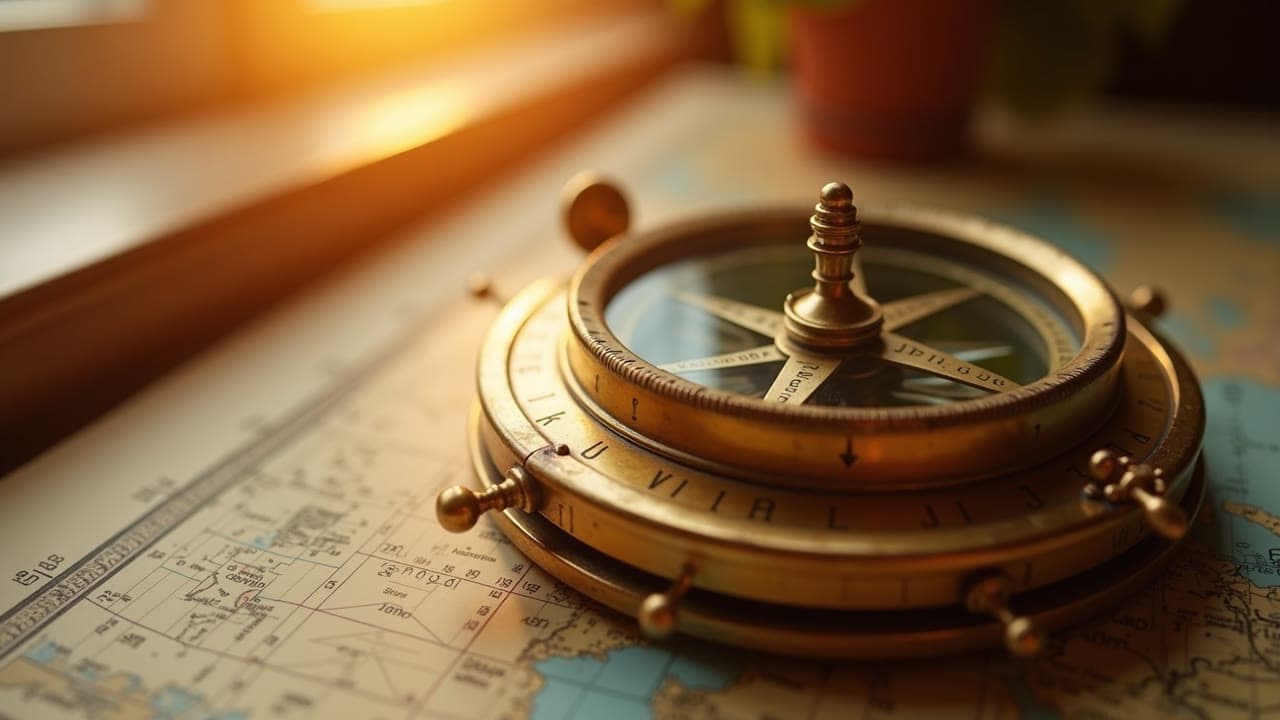 Macro of an antique brass ship compass on a sunlit chart table
