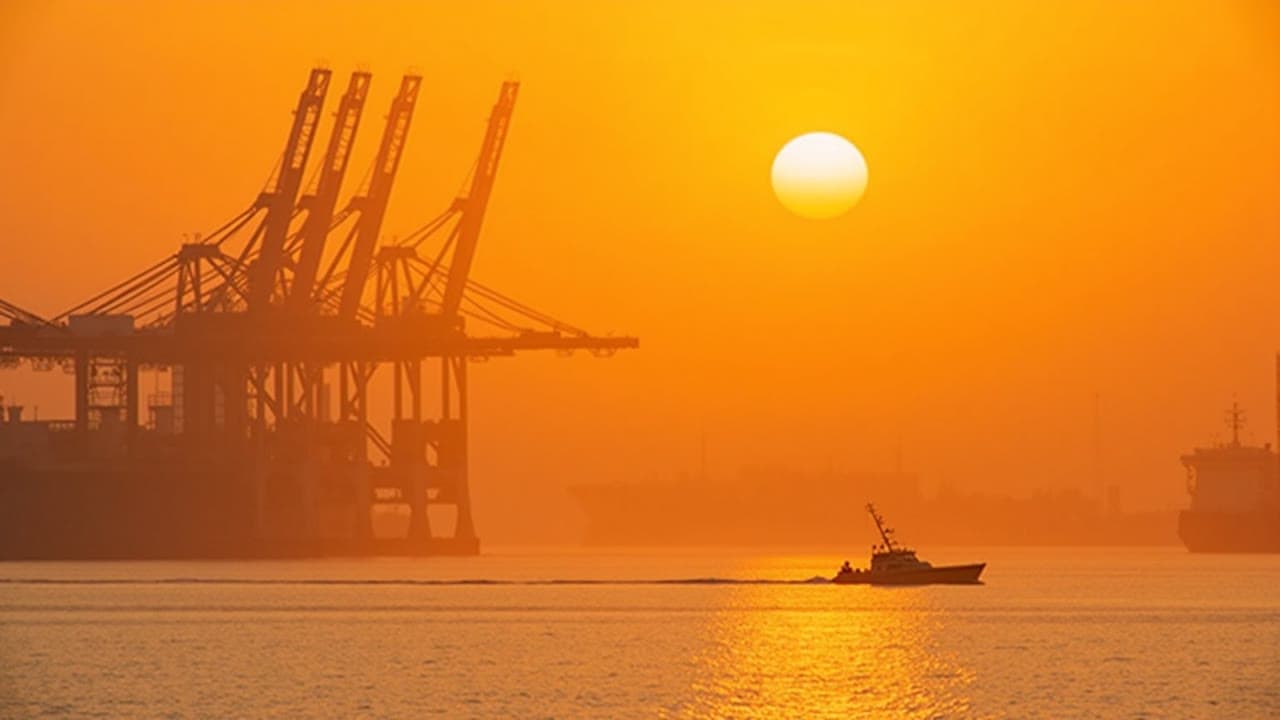 Container cranes silhouetted against a warm orange sunrise over calm harbor water