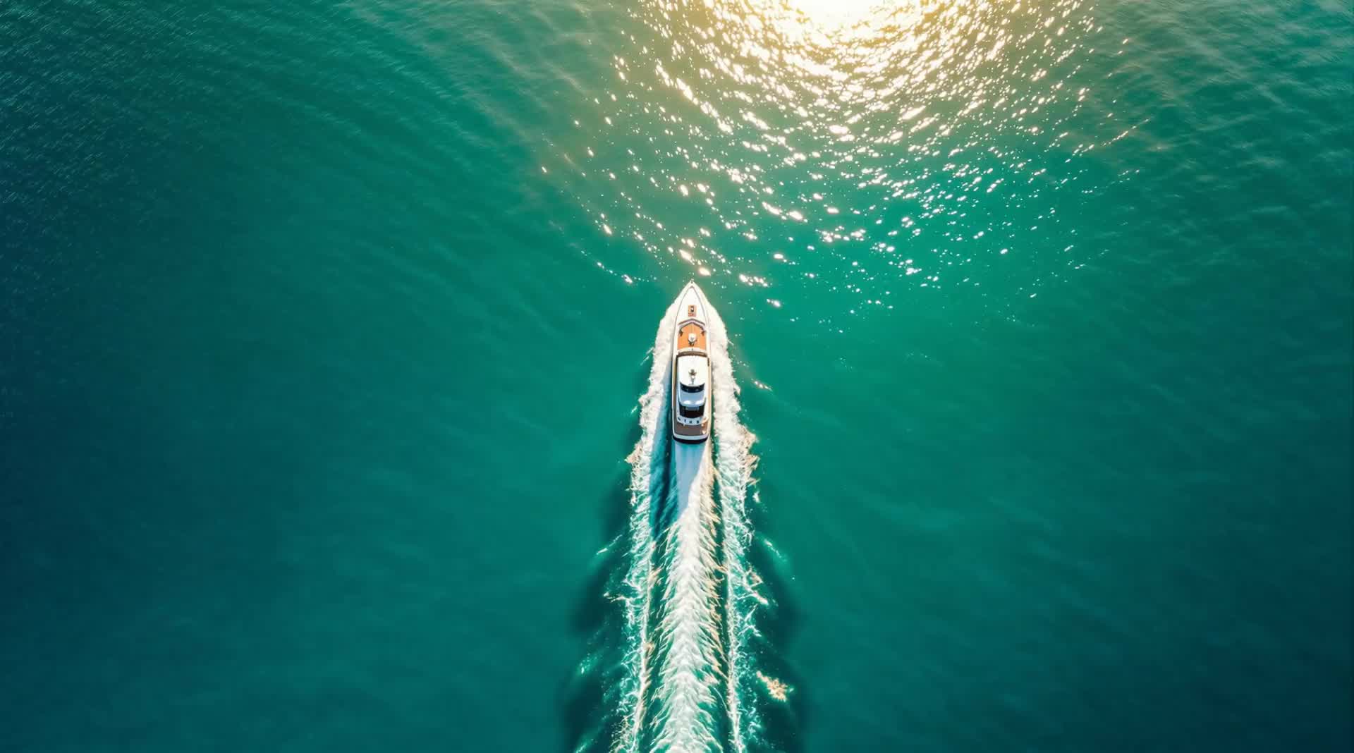 Aerial view of a white vessel crossing open turquoise sea in golden morning light, its long white wake churning behind it