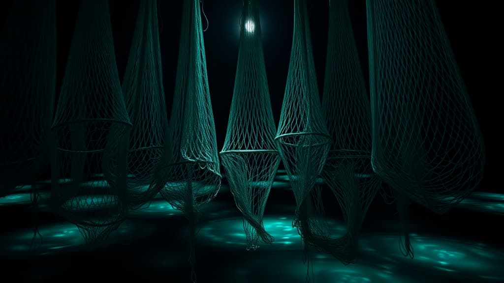 Fishing nets hung to dry at night, teal bioluminescent glow seeping through the mesh