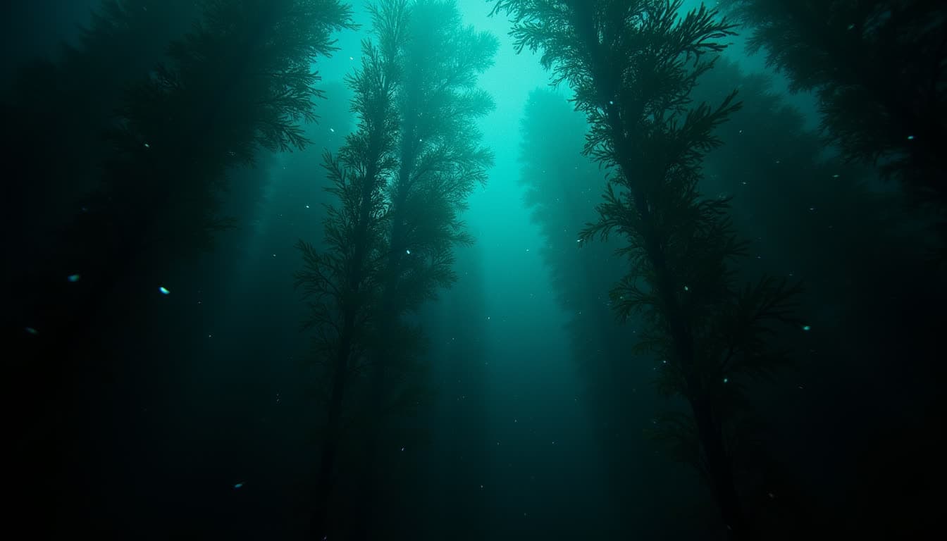 An underwater kelp forest at night, teal bioluminescent particles drifting between dark fronds