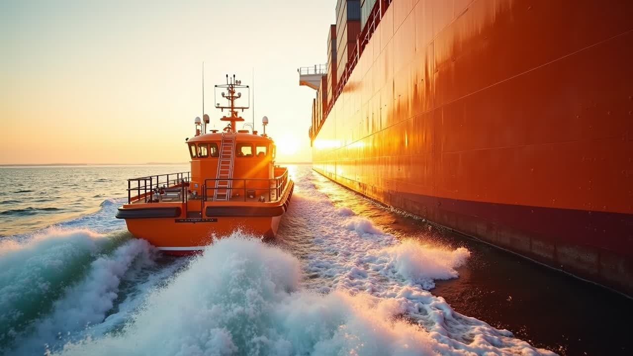 An orange pilot boat running alongside a cargo ship in morning sun, white bow wave churning