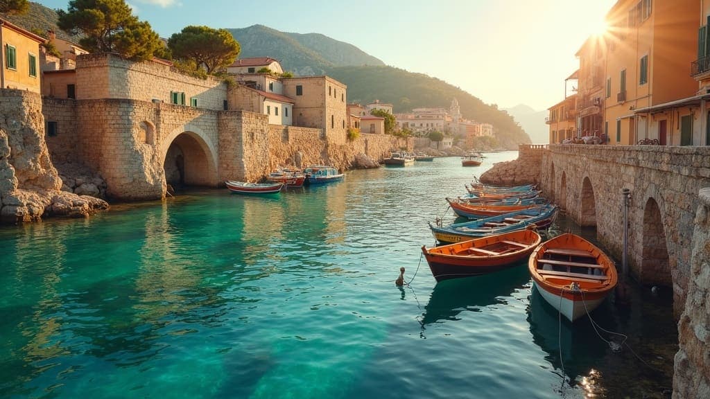 A sunlit Mediterranean stone quay in early morning, colorful wooden fishing boats moored on calm turquoise water