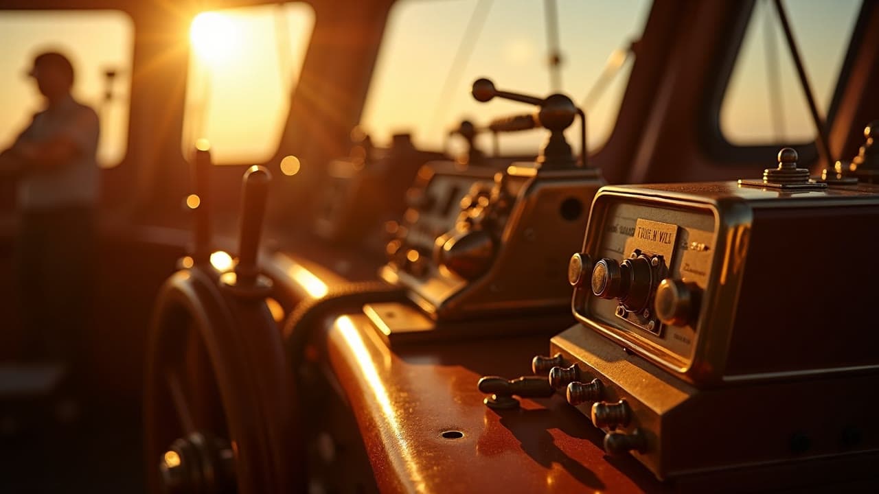 A vintage brass ship's radio on a sunlit bridge console
