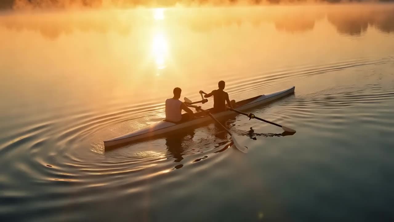 A rowing shell glides across glassy golden water at sunrise, oar ripples spreading symmetrically