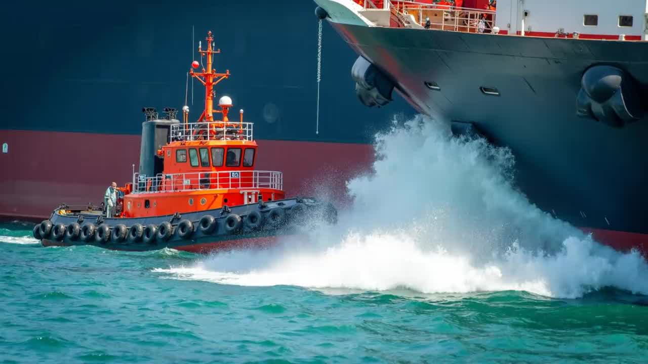 A red harbor tug pushes through churning white foam alongside a ship's hull in midday sun